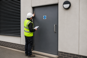 Certified fire door inspector carrying out a fire door inspection on a commercial fire door
